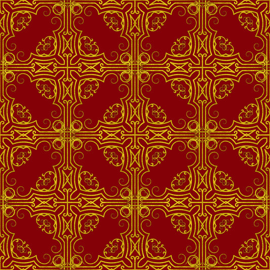 red, gold, burgundy, crimson, ornate pattern, decorative scrollwork, floral motifs, geometric design, cross motifs, swirls, curvilinear elements, repeating pattern, symmetrical design, ornamental, christmas fabric, holiday themed, quilting cotton, fabric panel, luxurious appearance, intricate details