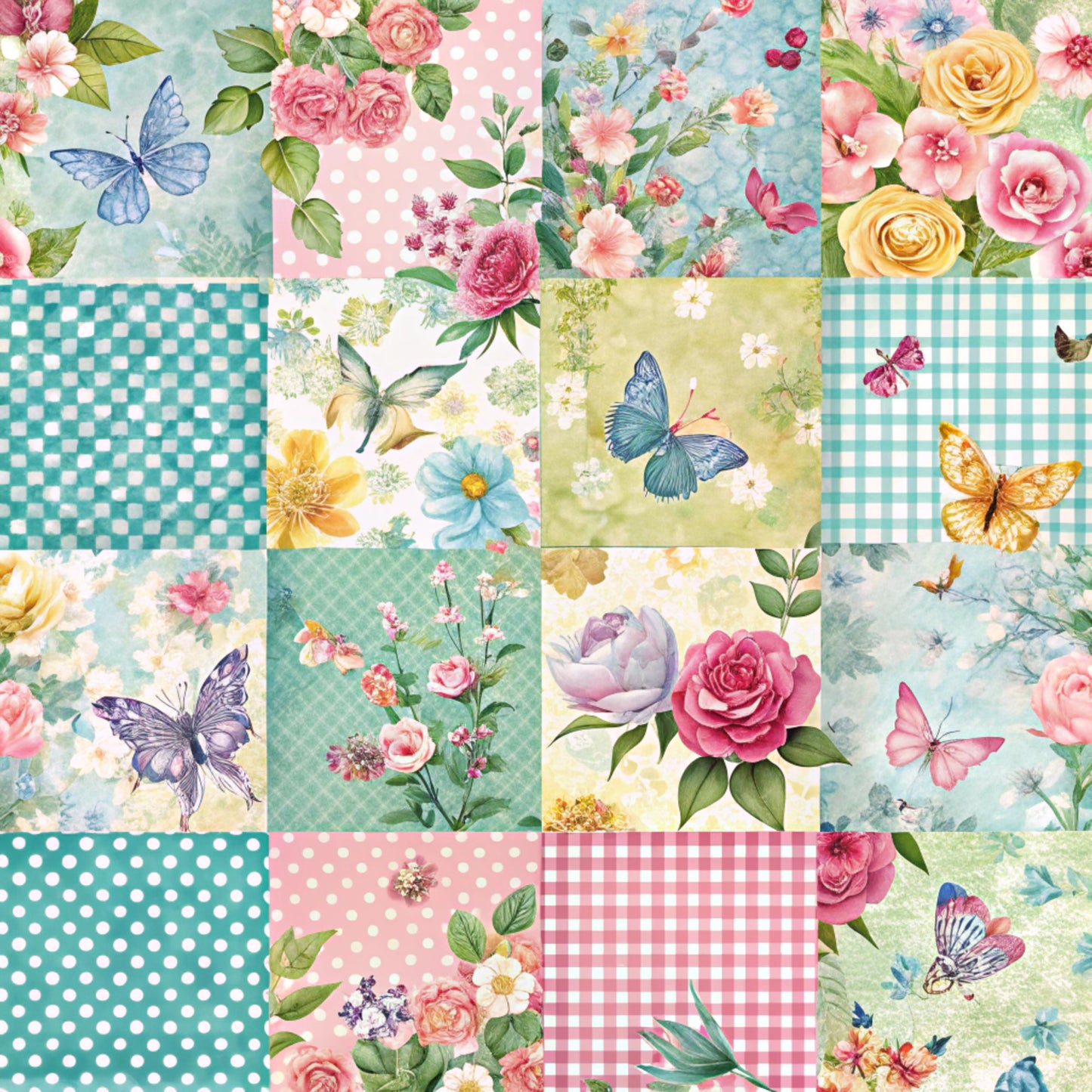 spring patchwork, quilting cotton, fabric panel, floral motifs, butterflies, roses, pastel colors, mint green, coral pink, yellow blooms, polka dots, gingham check, watercolor style, vintage flowers, cottage core, romantic florals, soft pastels, botanical prints, delicate butterflies, shabby chic