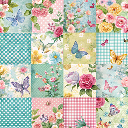 spring patchwork, quilting cotton, fabric panel, floral motifs, butterflies, roses, pastel colors, mint green, coral pink, yellow blooms, polka dots, gingham check, watercolor style, vintage flowers, cottage core, romantic florals, soft pastels, botanical prints, delicate butterflies, shabby chic