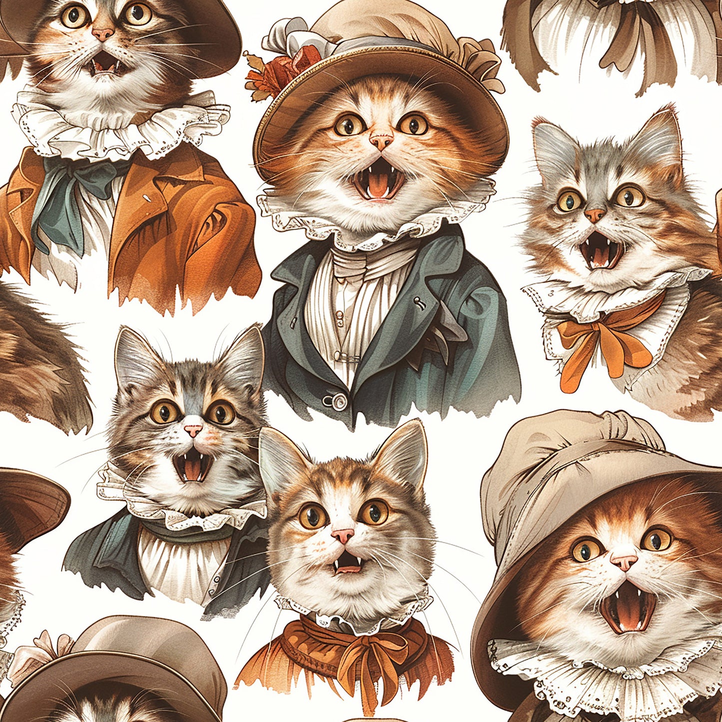 victorian cats, quilting cotton, fabric panel, brown tones, orange accents, cream colors, vintage clothing, ruffled collars, period costumes, surprised expressions, open mouths, wide eyes, tabby cats, calico cats, ornate hats, bow ties, historical fashion, whimsical animals, repeating pattern, cotton fabric