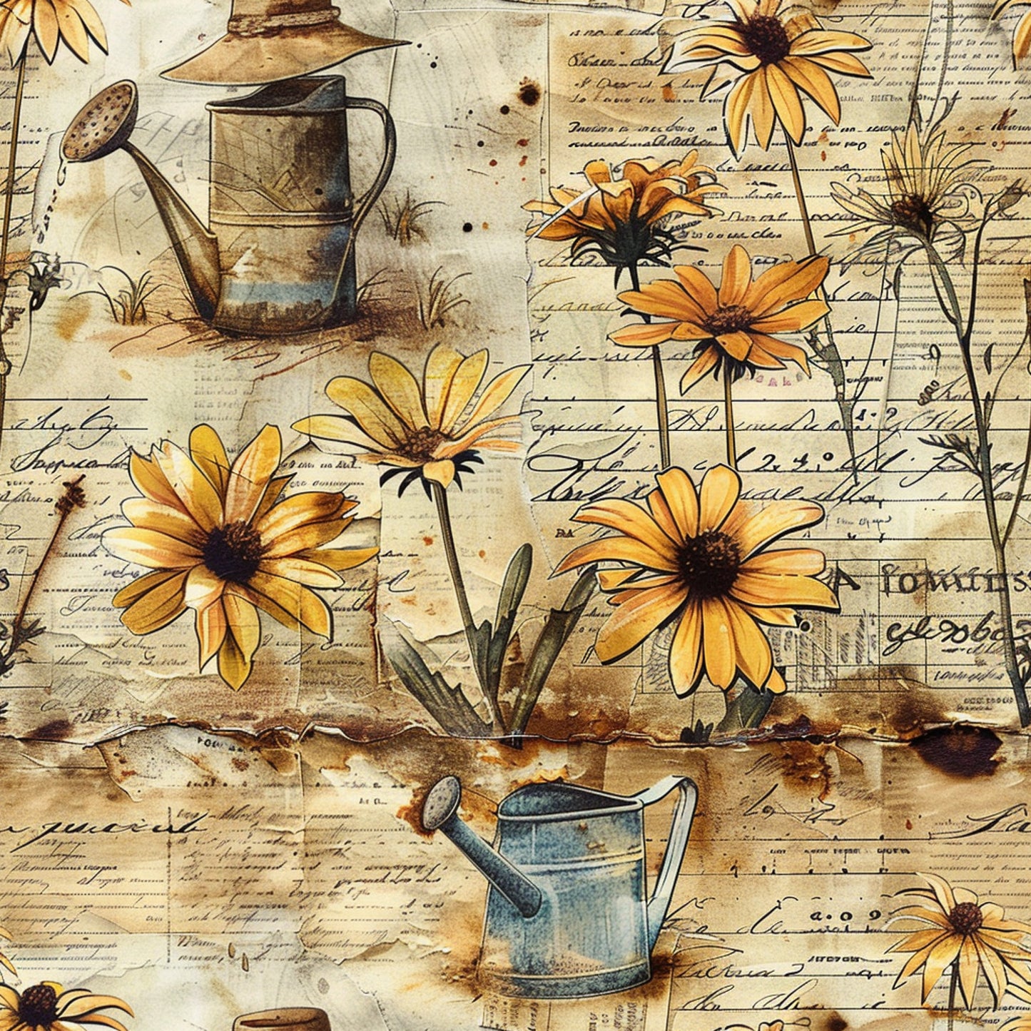 golden yellow, orange, brown, cream, beige, watering cans, sunflowers, daisies, vintage script, handwritten text, gardening theme, botanical illustration, weathered paper, aged parchment, floral motifs, rustic style, cottage garden, quilting cotton, fabric panel, country living, farmhouse aesthetic