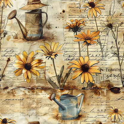 golden yellow, orange, brown, cream, beige, watering cans, sunflowers, daisies, vintage script, handwritten text, gardening theme, botanical illustration, weathered paper, aged parchment, floral motifs, rustic style, cottage garden, quilting cotton, fabric panel, country living, farmhouse aesthetic
