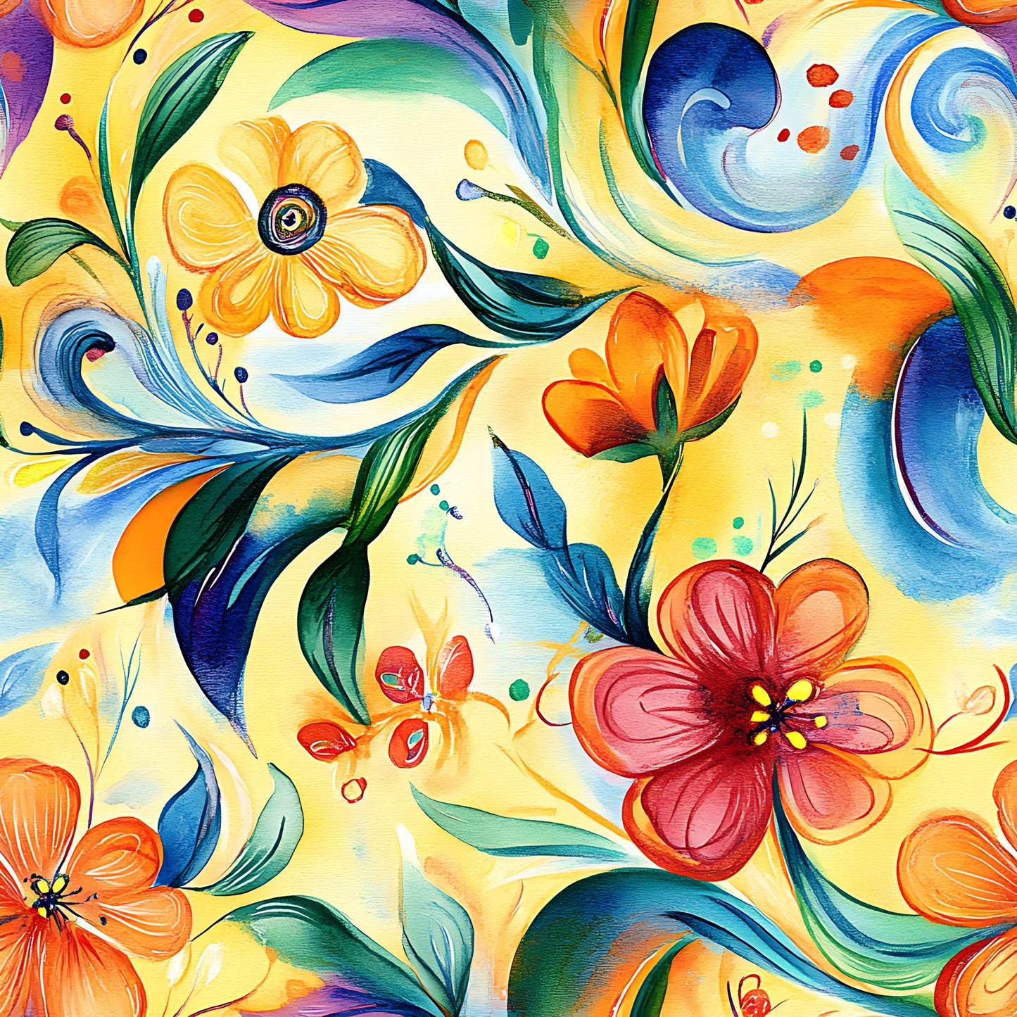 vibrant colors, abstract floral, swirling patterns, yellow background, blue swirls, orange flowers, red blooms, green leaves, flowing design, watercolor style, artistic pattern, quilting cotton, fabric panel, botanical motifs, colorful blooms, dynamic movement, whimsical art, contemporary style, bright palette, decorative swirls