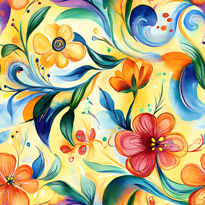 vibrant colors, abstract floral, swirling patterns, yellow background, blue swirls, orange flowers, red blooms, green leaves, flowing design, watercolor style, artistic pattern, quilting cotton, fabric panel, botanical motifs, colorful blooms, dynamic movement, whimsical art, contemporary style, bright palette, decorative swirls