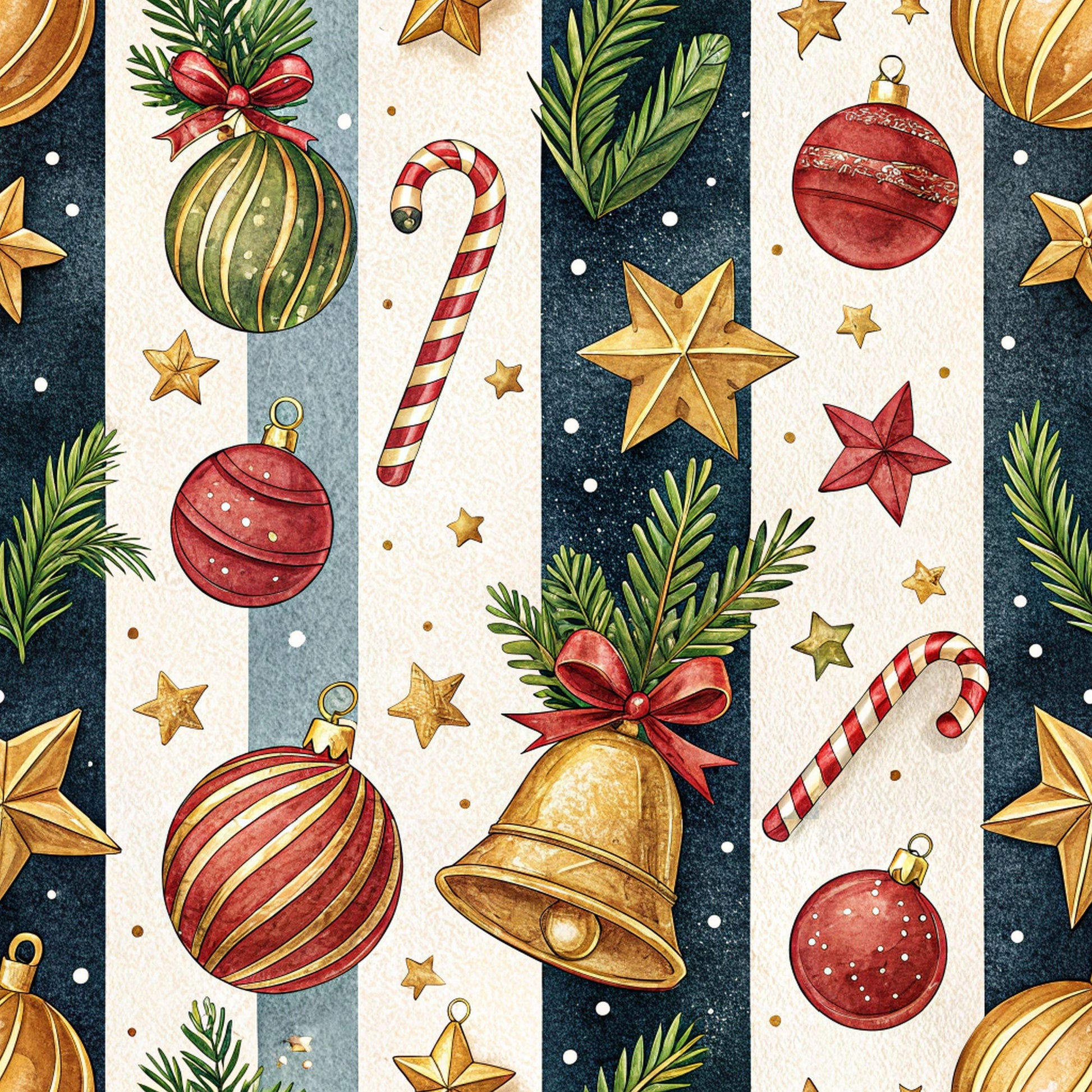 christmas ornaments, candy canes, gold stars, red baubles, green pine branches, golden bell, striped pattern, watercolor style, festive holiday, quilting cotton, fabric panel, navy blue background, cream stripes, red ribbon bows, winter theme, decorative elements, seasonal motifs, ornament collection, holiday crafting
