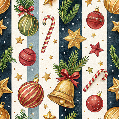 christmas ornaments, candy canes, gold stars, red baubles, green pine branches, golden bell, striped pattern, watercolor style, festive holiday, quilting cotton, fabric panel, navy blue background, cream stripes, red ribbon bows, winter theme, decorative elements, seasonal motifs, ornament collection, holiday crafting