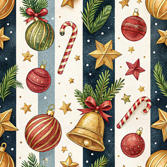 christmas ornaments, candy canes, gold stars, red baubles, green pine branches, golden bell, striped pattern, watercolor style, festive holiday, quilting cotton, fabric panel, navy blue background, cream stripes, red ribbon bows, winter theme, decorative elements, seasonal motifs, ornament collection, holiday crafting