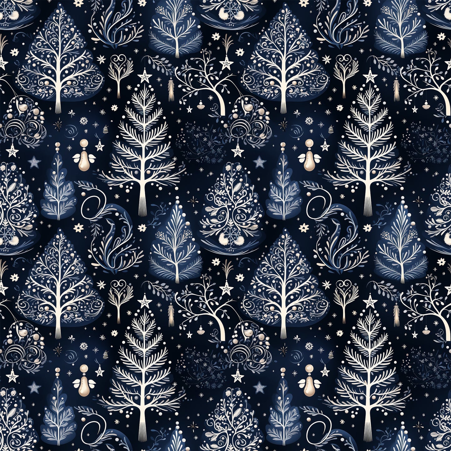 delft blue, navy blue, cream, winter pattern, botanical motifs, decorative trees, ornamental branches, stars, snowflakes, folk art style, intricate scrollwork, nature elements, quilting cotton, fabric panel, seamless repeat, elegant design, winter theme, decorative flourishes, organic shapes, sophisticated palette