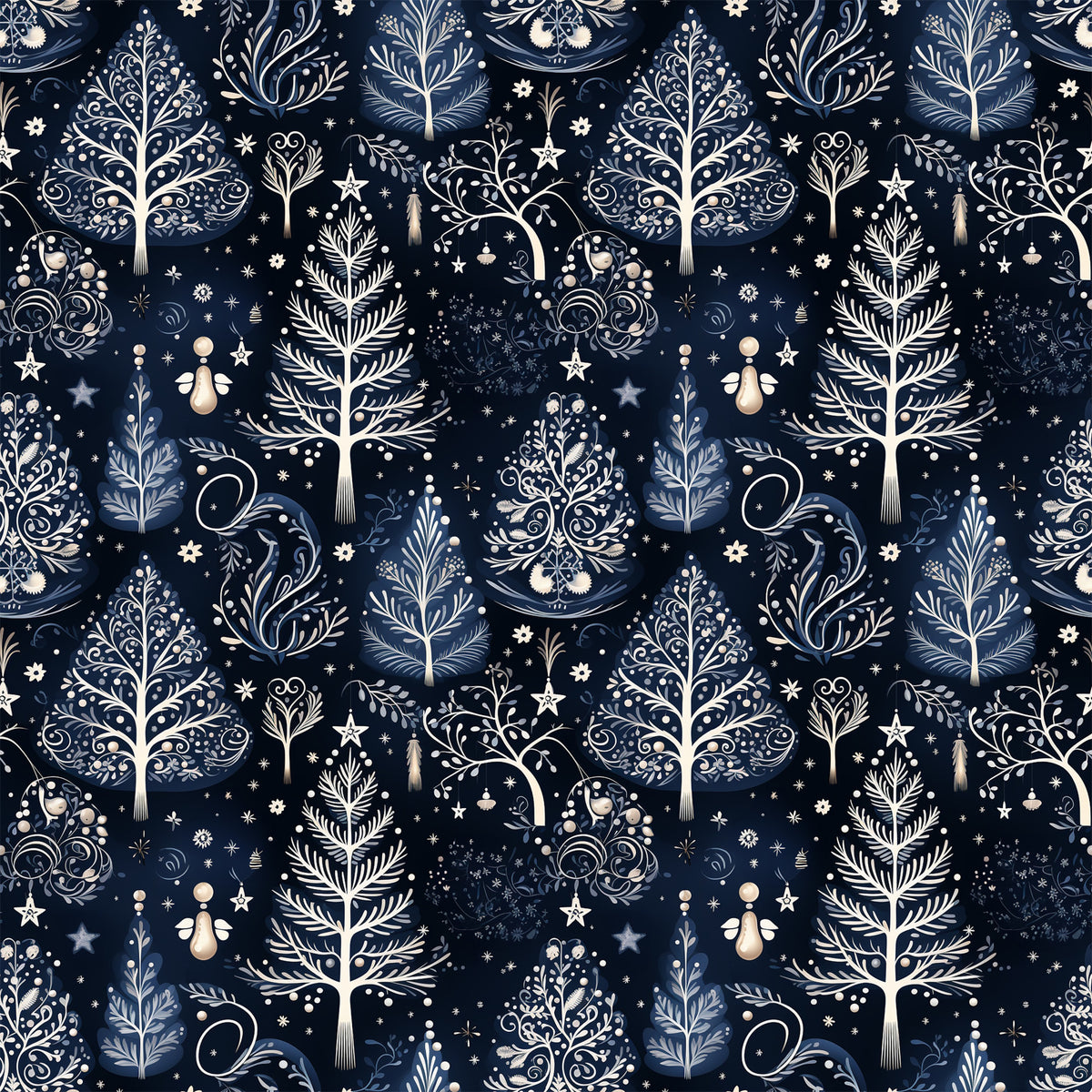 delft blue, navy blue, cream, winter pattern, botanical motifs, decorative trees, ornamental branches, stars, snowflakes, folk art style, intricate scrollwork, nature elements, quilting cotton, fabric panel, seamless repeat, elegant design, winter theme, decorative flourishes, organic shapes, sophisticated palette