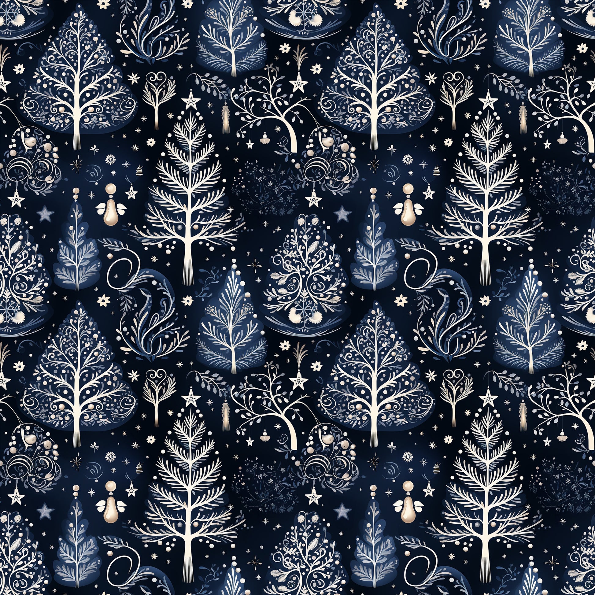 delft blue, navy blue, cream, winter pattern, botanical motifs, decorative trees, ornamental branches, stars, snowflakes, folk art style, intricate scrollwork, nature elements, quilting cotton, fabric panel, seamless repeat, elegant design, winter theme, decorative flourishes, organic shapes, sophisticated palette