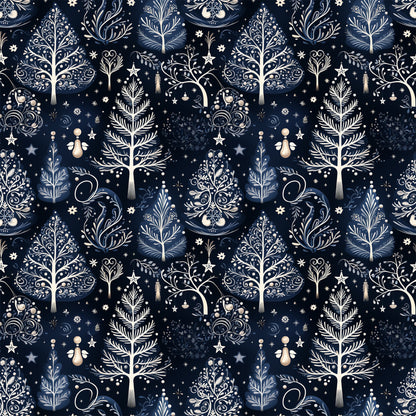 delft blue, navy blue, cream, winter pattern, botanical motifs, decorative trees, ornamental branches, stars, snowflakes, folk art style, intricate scrollwork, nature elements, quilting cotton, fabric panel, seamless repeat, elegant design, winter theme, decorative flourishes, organic shapes, sophisticated palette