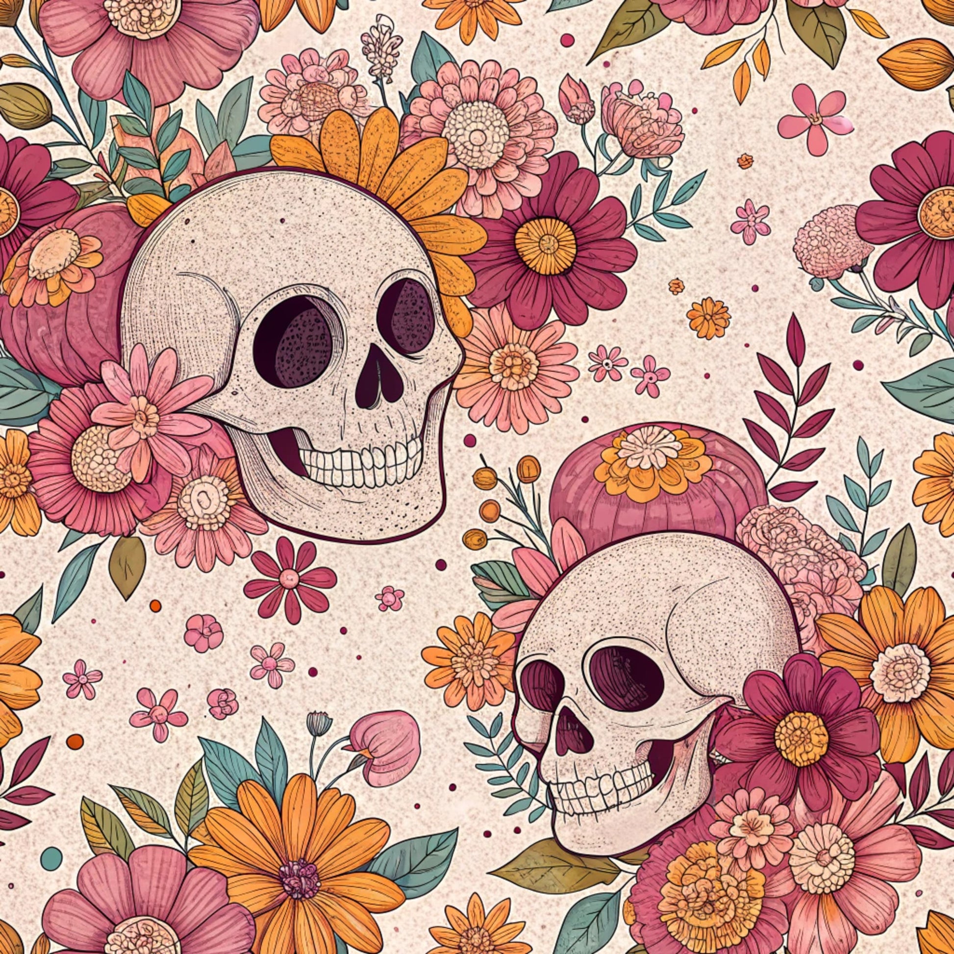 retro halloween, skulls, floral pattern, pink flowers, orange blooms, burgundy petals, autumn leaves, botanical design, quilting cotton, fabric panel, vintage style, day of the dead, sugar skull aesthetic, cream background, decorative flowers, halloween motif, spooky floral, seasonal fabric, cotton material, quilting project