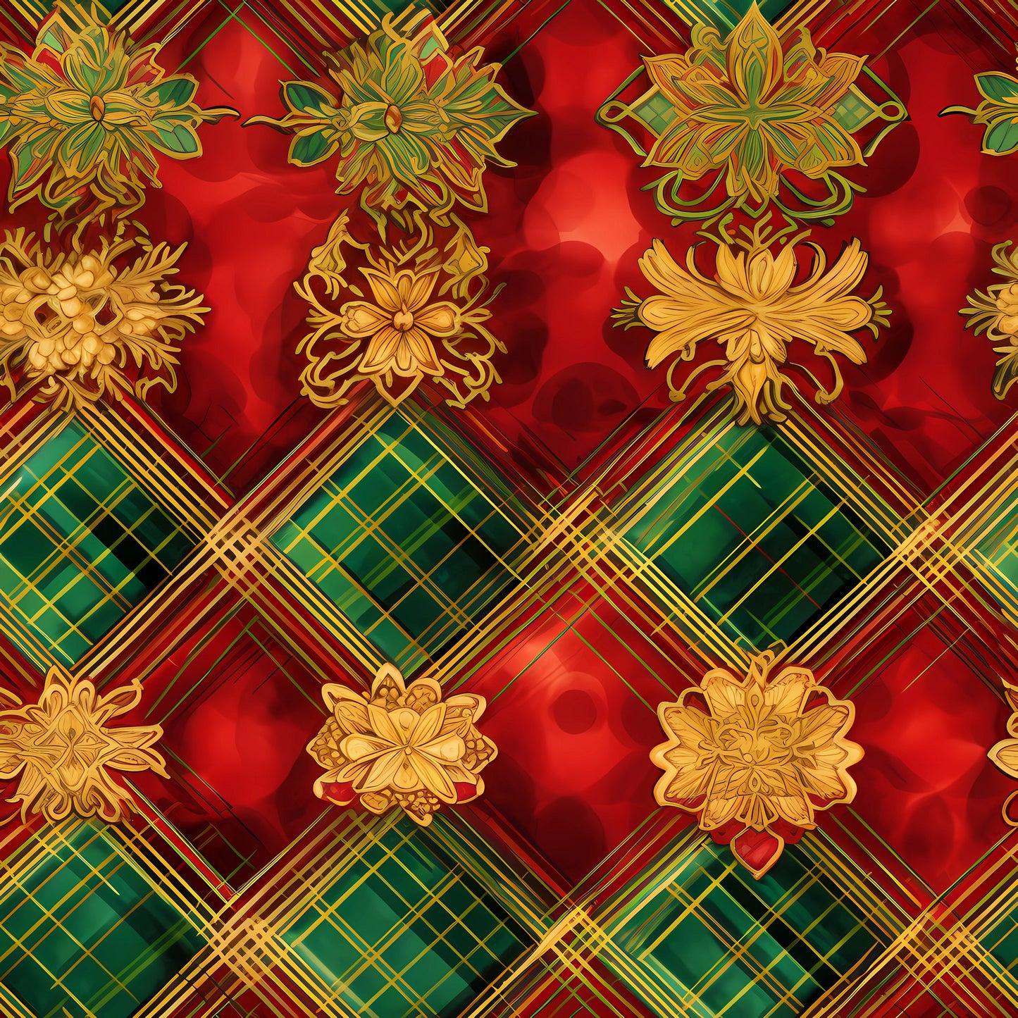 red, green, gold, christmas pattern, plaid, tartan, floral motifs, ornate flowers, decorative blooms, geometric design, diamond pattern, quilting cotton, fabric panel, holiday fabric, festive pattern, luxurious ornaments, seasonal fabric, winter colors, intricate details, repeating pattern