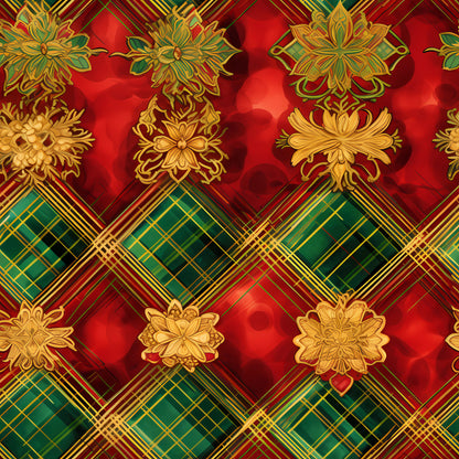 red, green, gold, christmas pattern, plaid, tartan, floral motifs, ornate flowers, decorative blooms, geometric design, diamond pattern, quilting cotton, fabric panel, holiday fabric, festive pattern, luxurious ornaments, seasonal fabric, winter colors, intricate details, repeating pattern