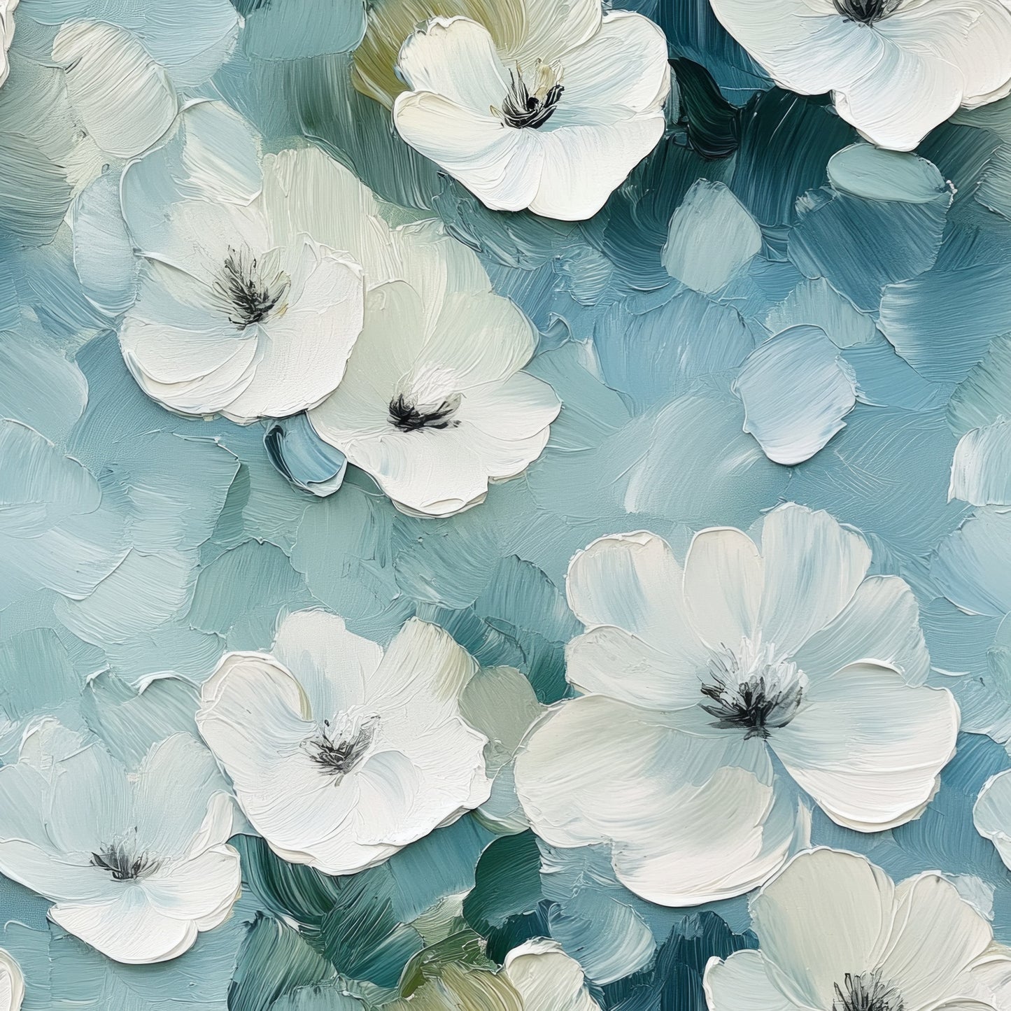 cornflower blue, white flowers, floral pattern, painted blooms, brushstroke texture, five-petaled flowers, botanical design, soft pastels, artistic florals, quilting cotton, fabric panel, delicate petals, garden flowers, dreamy aesthetic, impressionistic style, spring blooms, layered petals, natural motifs
