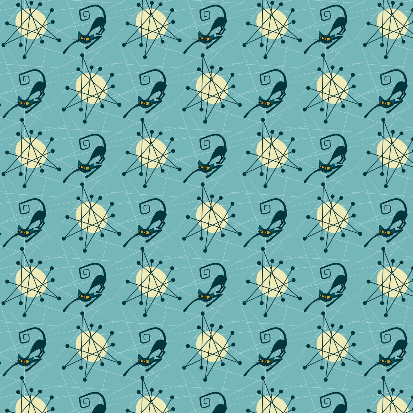 teal background, atomic starburst, mid-century modern, black cats, yellow eyes, geometric patterns, retro style, 1950s inspired, boomerang shapes, atomic age, turquoise blue, stylized cats, angular designs, space age motifs, vintage aesthetic, quilting cotton, fabric panel, modernist pattern, atomic era, decorative elements