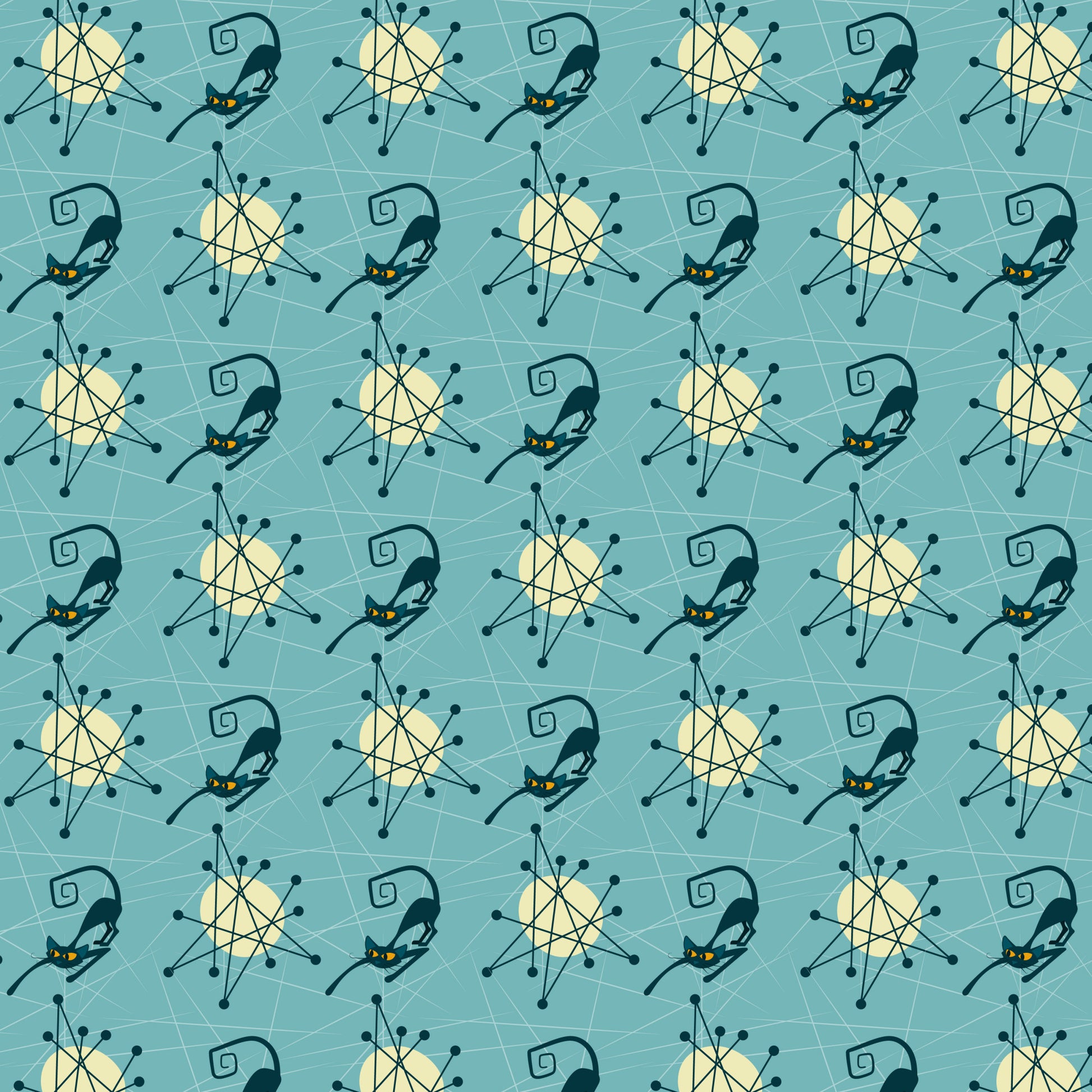 teal background, atomic starburst, mid-century modern, black cats, yellow eyes, geometric patterns, retro style, 1950s inspired, boomerang shapes, atomic age, turquoise blue, stylized cats, angular designs, space age motifs, vintage aesthetic, quilting cotton, fabric panel, modernist pattern, atomic era, decorative elements