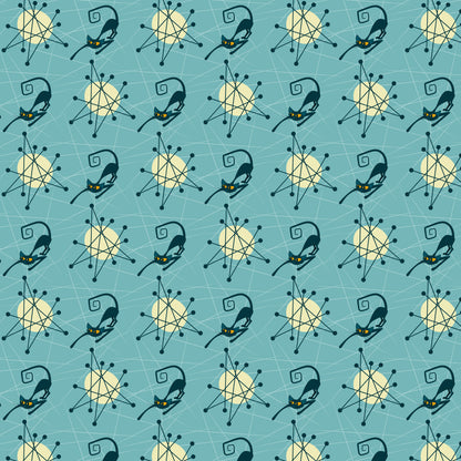 teal background, atomic starburst, mid-century modern, black cats, yellow eyes, geometric patterns, retro style, 1950s inspired, boomerang shapes, atomic age, turquoise blue, stylized cats, angular designs, space age motifs, vintage aesthetic, quilting cotton, fabric panel, modernist pattern, atomic era, decorative elements
