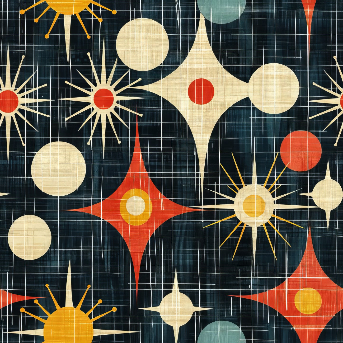 teal, orange, yellow, cream, red, starburst, geometric, mid-century modern, atomic age, sunburst, circles, diamonds, grid background, retro, vintage style, quilting cotton, fabric panel, space age, modernist, abstract shapes