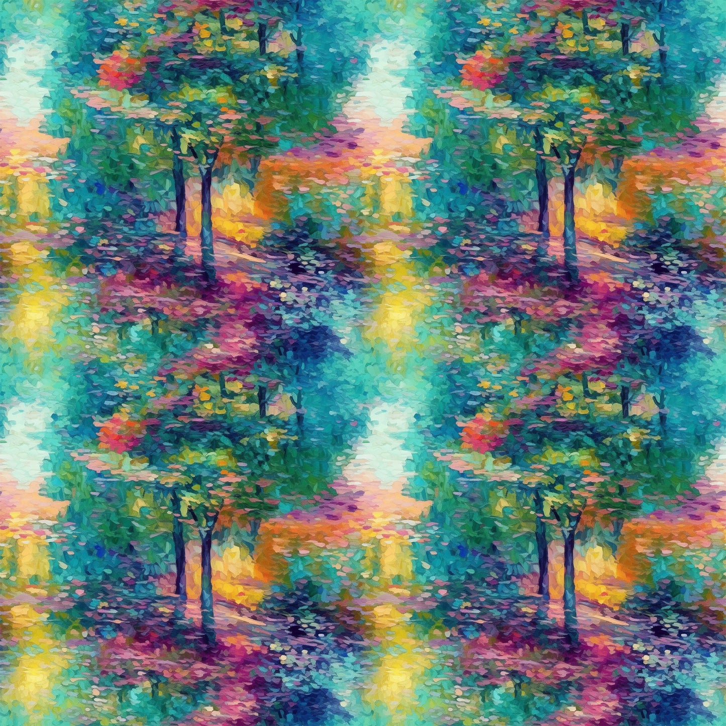 impressionist style, monet inspired, landscape scene, autumn trees, colorful foliage, turquoise, teal, magenta, purple, orange, yellow, green, painterly brushstrokes, nature scene, forest path, quilting cotton, fabric panel, artistic pattern, vibrant colors, dreamy atmosphere