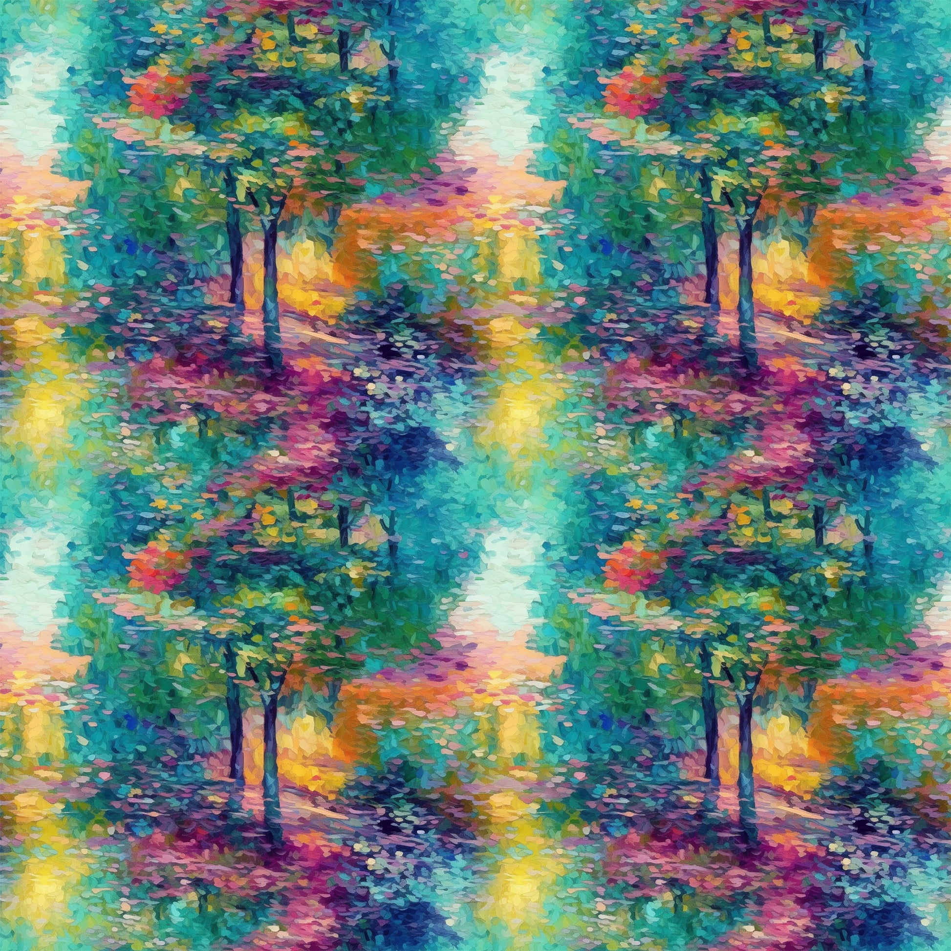 impressionist style, monet inspired, landscape scene, autumn trees, colorful foliage, turquoise, teal, magenta, purple, orange, yellow, green, painterly brushstrokes, nature scene, forest path, quilting cotton, fabric panel, artistic pattern, vibrant colors, dreamy atmosphere