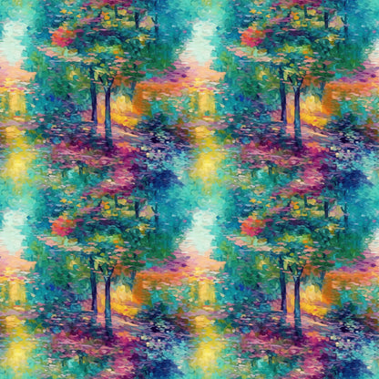 impressionist style, monet inspired, landscape scene, autumn trees, colorful foliage, turquoise, teal, magenta, purple, orange, yellow, green, painterly brushstrokes, nature scene, forest path, quilting cotton, fabric panel, artistic pattern, vibrant colors, dreamy atmosphere