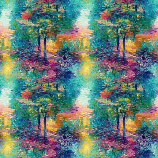 impressionist style, monet inspired, landscape scene, autumn trees, colorful foliage, turquoise, teal, magenta, purple, orange, yellow, green, painterly brushstrokes, nature scene, forest path, quilting cotton, fabric panel, artistic pattern, vibrant colors, dreamy atmosphere
