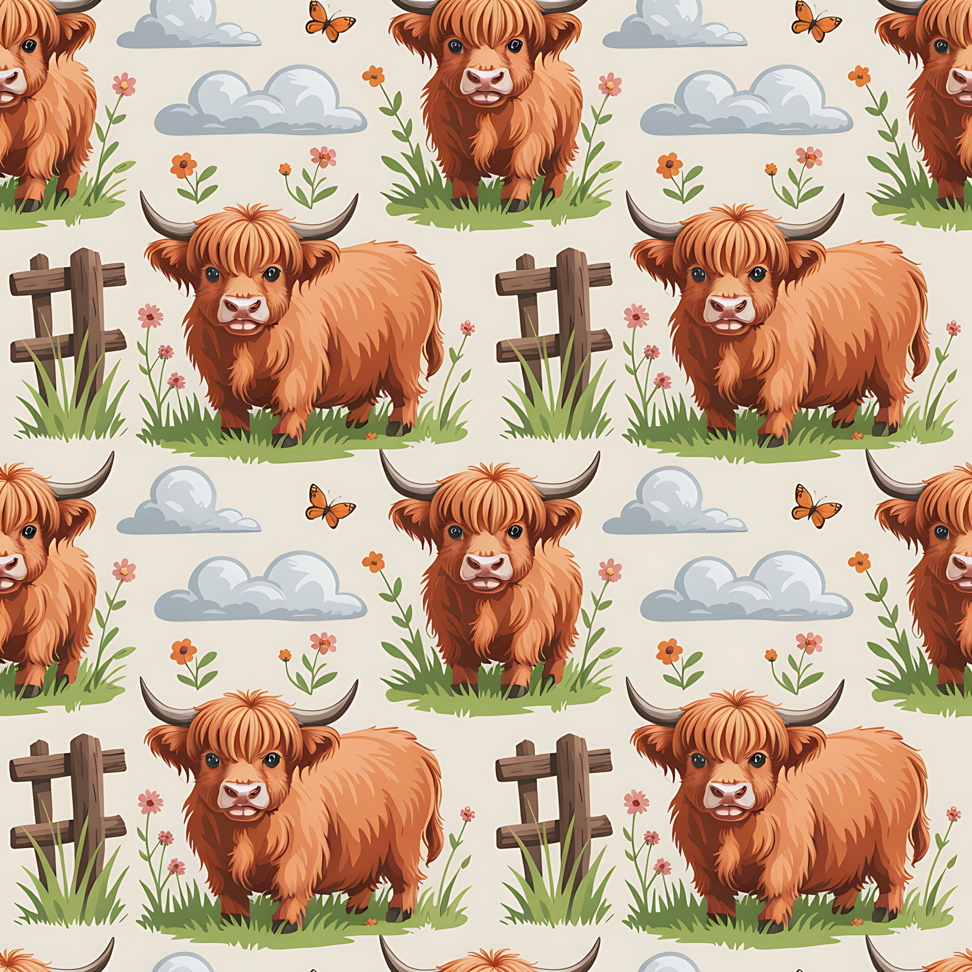 Cartoon Highland Cows Pattern 16 Quilting Cotton Fabric ...