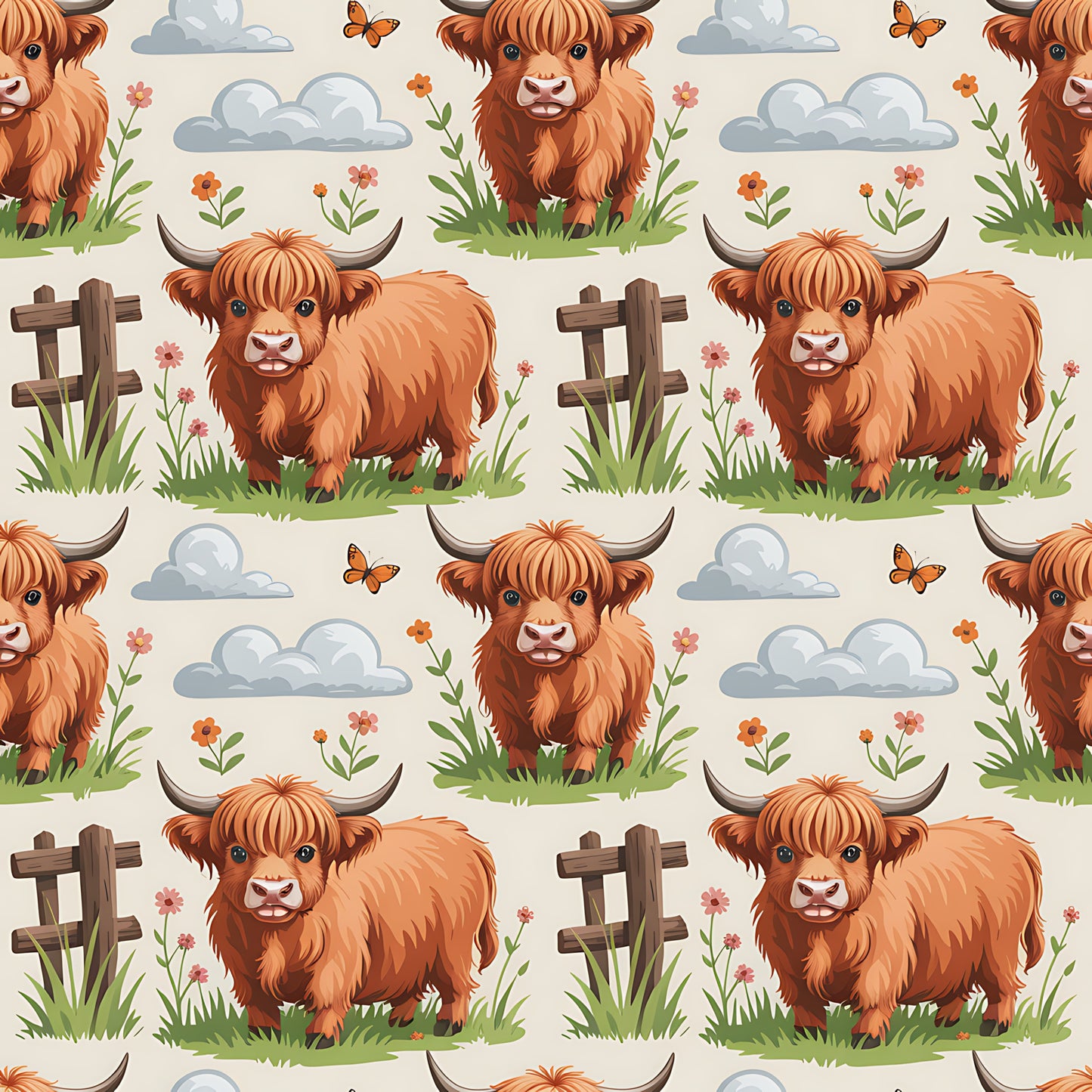 Cartoon Highland Cows Pattern 16 Quilting Cotton Fabric