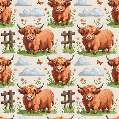 Cartoon Highland Cows Pattern 16 Quilting Cotton Fabric