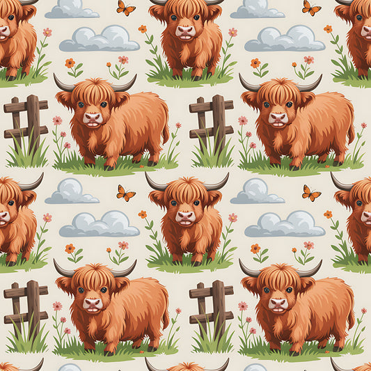 Cartoon Highland Cows Pattern 16 Quilting Cotton Fabric