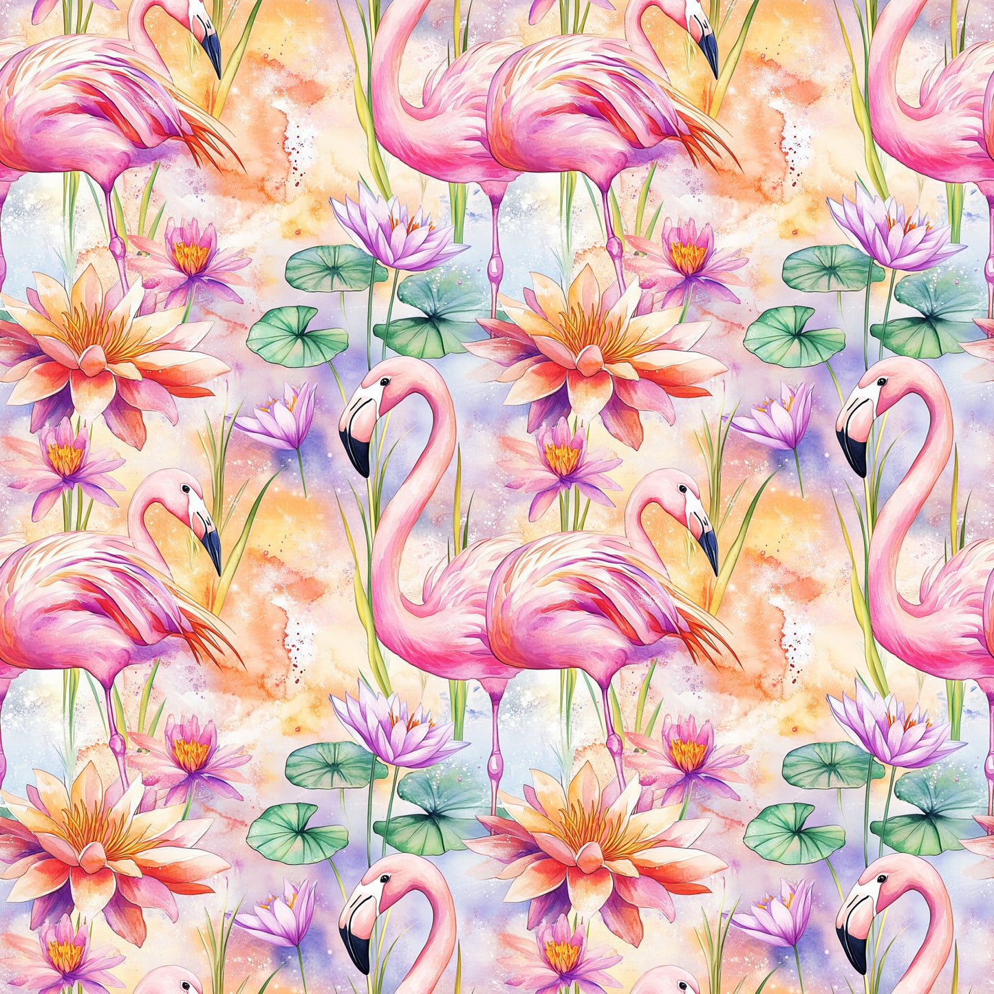 pink flamingos, water lilies, lotus flowers, lily pads, tropical birds, watercolor style, pastel colors, coral pink, lavender purple, sage green, peach orange, aquatic plants, exotic birds, floral pattern, repeating design, quilting cotton, fabric panel, tropical theme, botanical elements, whimsical artwork