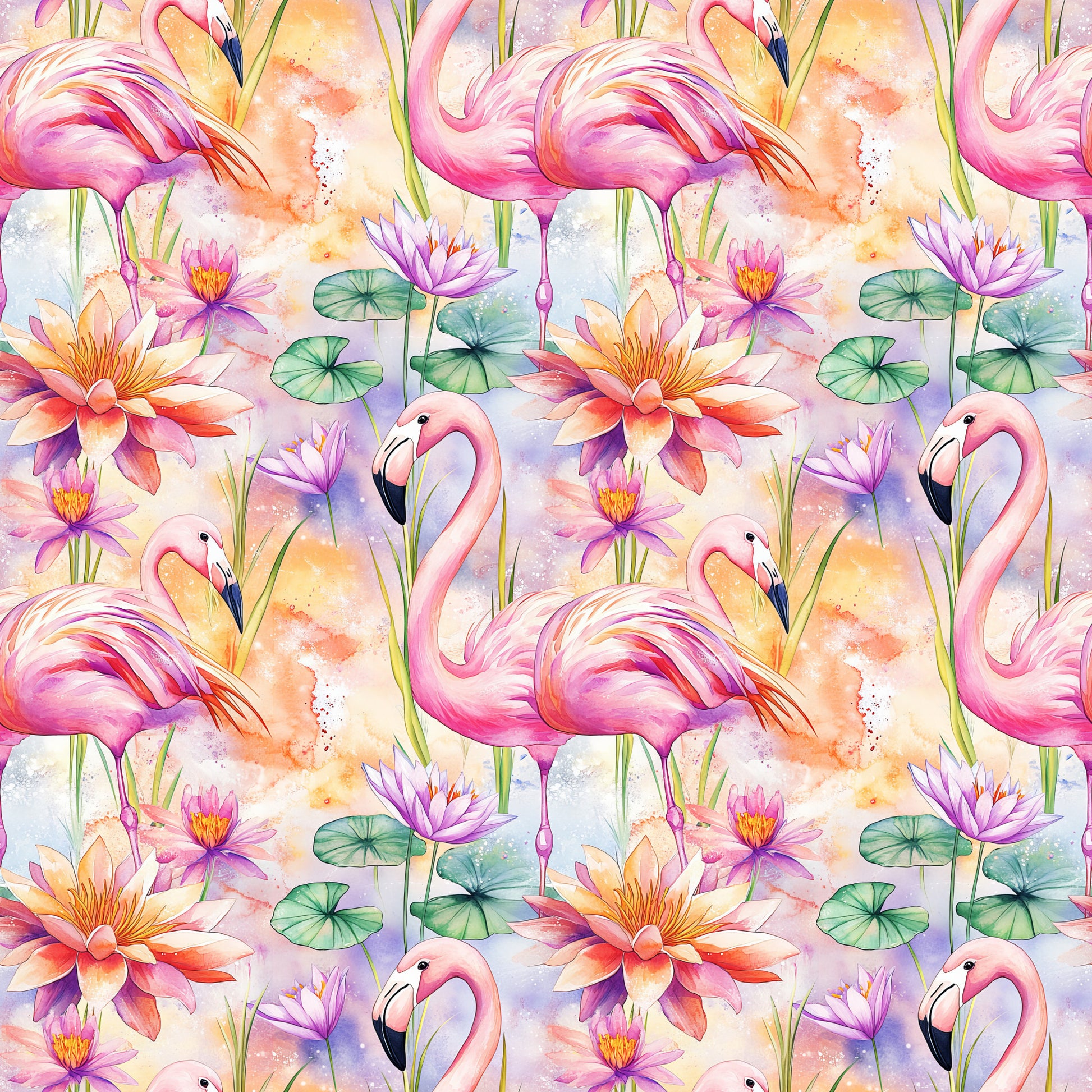 pink flamingos, water lilies, lotus flowers, lily pads, tropical birds, watercolor style, pastel colors, coral pink, lavender purple, sage green, peach orange, aquatic plants, exotic birds, floral pattern, repeating design, quilting cotton, fabric panel, tropical theme, botanical elements, whimsical artwork