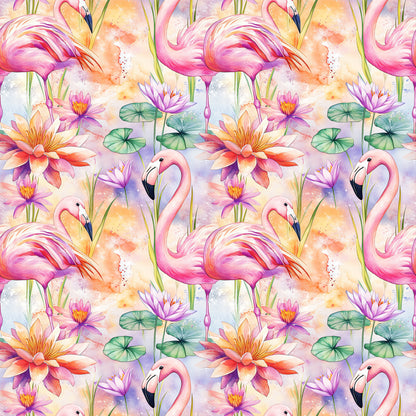 pink flamingos, water lilies, lotus flowers, lily pads, tropical birds, watercolor style, pastel colors, coral pink, lavender purple, sage green, peach orange, aquatic plants, exotic birds, floral pattern, repeating design, quilting cotton, fabric panel, tropical theme, botanical elements, whimsical artwork