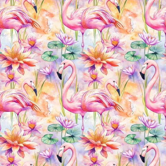 pink flamingos, water lilies, lotus flowers, lily pads, tropical birds, watercolor style, pastel colors, coral pink, lavender purple, sage green, peach orange, aquatic plants, exotic birds, floral pattern, repeating design, quilting cotton, fabric panel, tropical theme, botanical elements, whimsical artwork
