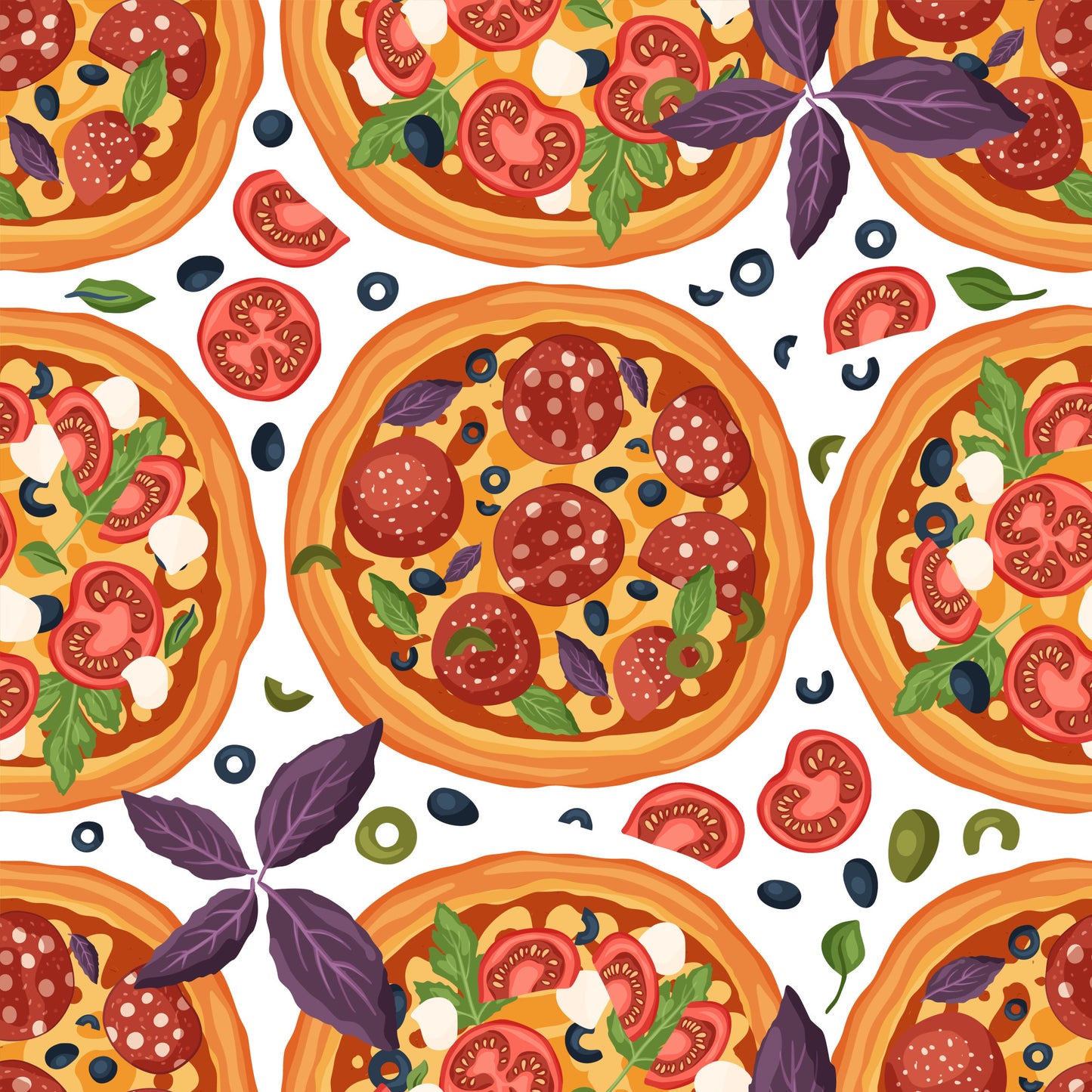 pizza pattern, quilting cotton, fabric panel, red pepperoni, orange crust, yellow cheese, green basil, purple leaves, tomato slices, black olives, white mozzarella, food illustration, italian cuisine, repeating pattern, bright colors, cooking theme, kitchen motif, culinary design, appetizing graphics