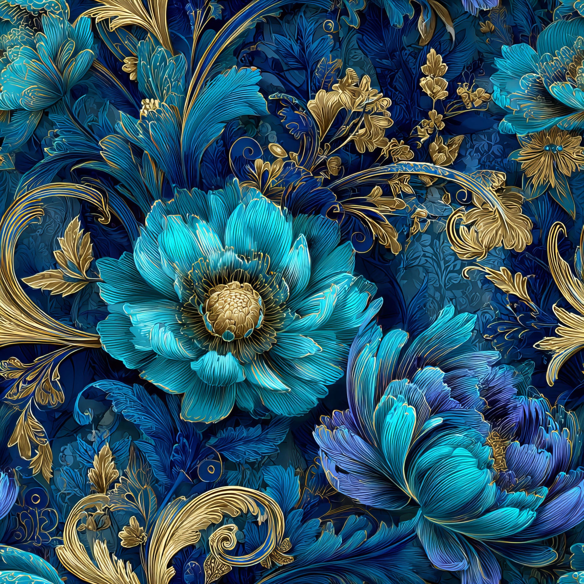 navy blue, turquoise, gold accents, ornamental florals, large blooms, decorative scrollwork, baroque style, luxurious pattern, quilting cotton, fabric panel, elegant design, detailed petals, swirling vines, royal blue, metallic highlights, sophisticated motifs, intricate artwork, floral fantasy