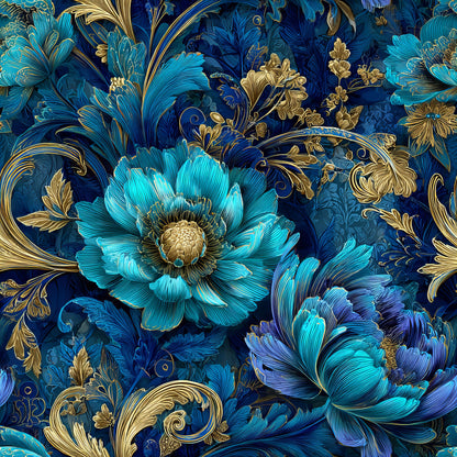 navy blue, turquoise, gold accents, ornamental florals, large blooms, decorative scrollwork, baroque style, luxurious pattern, quilting cotton, fabric panel, elegant design, detailed petals, swirling vines, royal blue, metallic highlights, sophisticated motifs, intricate artwork, floral fantasy