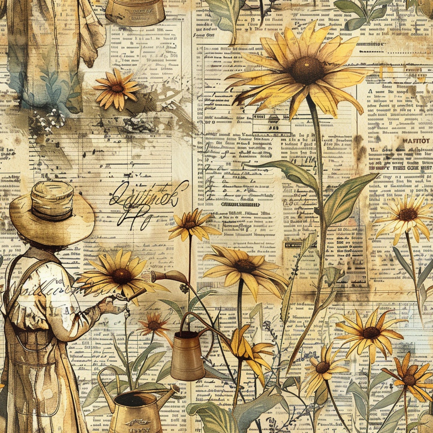 farm life, quilting cotton, fabric panel, yellow flowers, sunflowers, golden yellow, cream, beige, brown, vintage style, newspaper background, straw hat, watering can, gardening tools, rustic charm, country living, floral motifs, autumn colors, weathered look, pastoral scene