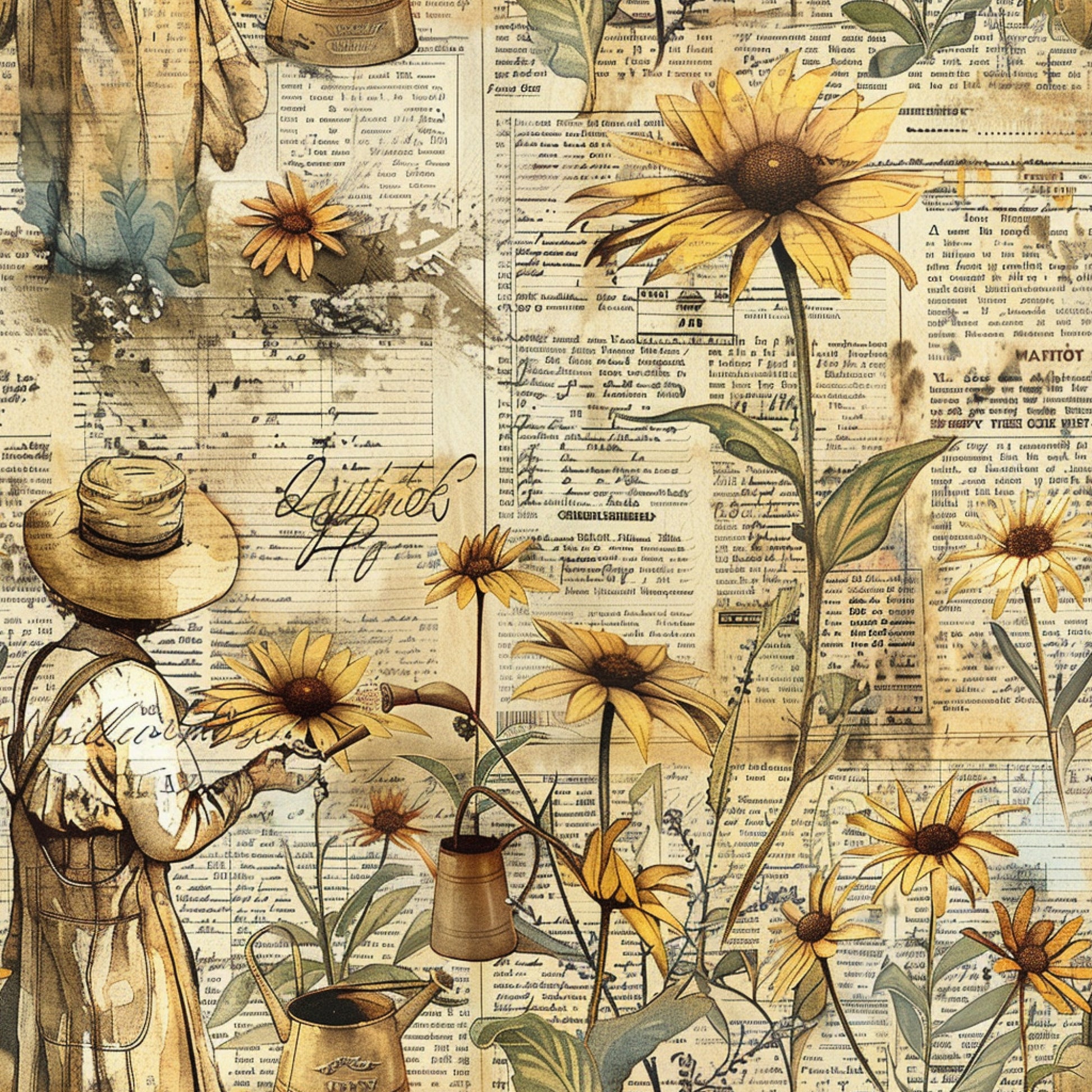 farm life, quilting cotton, fabric panel, yellow flowers, sunflowers, golden yellow, cream, beige, brown, vintage style, newspaper background, straw hat, watering can, gardening tools, rustic charm, country living, floral motifs, autumn colors, weathered look, pastoral scene