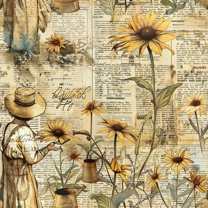 farm life, quilting cotton, fabric panel, yellow flowers, sunflowers, golden yellow, cream, beige, brown, vintage style, newspaper background, straw hat, watering can, gardening tools, rustic charm, country living, floral motifs, autumn colors, weathered look, pastoral scene