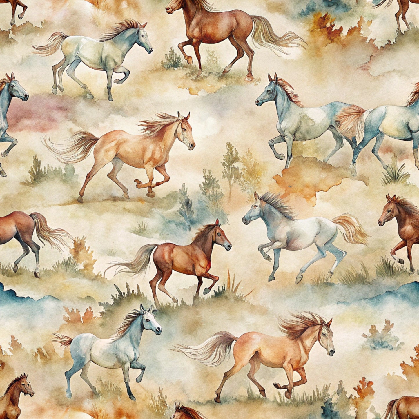 - Wild Horses Pattern 26 Quilting Cotton Fabric  
- Horses, running, galloping, herd  
- Earth tones, beige, brown, tan, white, gray, cream  
- Watercolor style, artistic, natural, elegant  
- Cotton fabric, quilting material, soft textile  
- Rustic, western, nature-inspired, serene, flowing