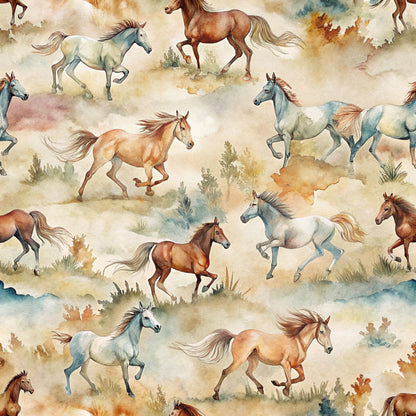 - Wild Horses Pattern 26 Quilting Cotton Fabric  
- Horses, running, galloping, herd  
- Earth tones, beige, brown, tan, white, gray, cream  
- Watercolor style, artistic, natural, elegant  
- Cotton fabric, quilting material, soft textile  
- Rustic, western, nature-inspired, serene, flowing