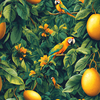 tropical pattern, mango fruits, colorful parrots, macaw birds, lush foliage, green leaves, orange flowers, yellow oranges, vibrant colors, jungle theme, exotic birds, botanical design, quilting cotton, fabric panel, nature scene, tropical paradise, bright yellows, deep greens, orange accents, repeating pattern