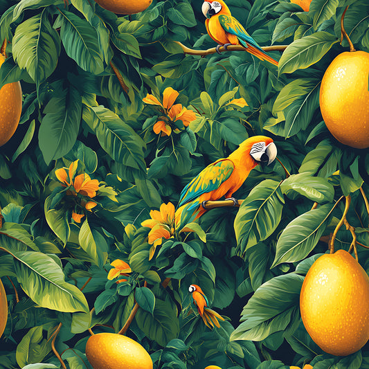 tropical pattern, mango fruits, colorful parrots, macaw birds, lush foliage, green leaves, orange flowers, yellow oranges, vibrant colors, jungle theme, exotic birds, botanical design, quilting cotton, fabric panel, nature scene, tropical paradise, bright yellows, deep greens, orange accents, repeating pattern