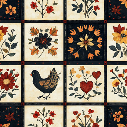 autumn colors, floral motifs, bird design, heart shapes, quilting cotton, fabric panel, folk art style, rustic charm, orange flowers, red blooms, navy blue, cream background, decorative stitching, country style, harvest theme, applique designs, botanical elements, warm tones, patchwork squares, handcrafted look