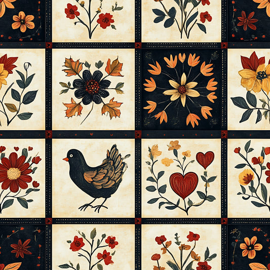 autumn colors, floral motifs, bird design, heart shapes, quilting cotton, fabric panel, folk art style, rustic charm, orange flowers, red blooms, navy blue, cream background, decorative stitching, country style, harvest theme, applique designs, botanical elements, warm tones, patchwork squares, handcrafted look