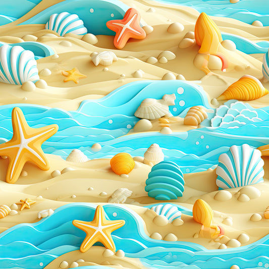 turquoise, cream, orange, golden yellow, beach scene, seashells, starfish, ocean waves, sand, coastal theme, quilting cotton, fabric panel, tropical, summer, marine life, flowing waves, beach treasures, nautical, seaside pattern, coral accents