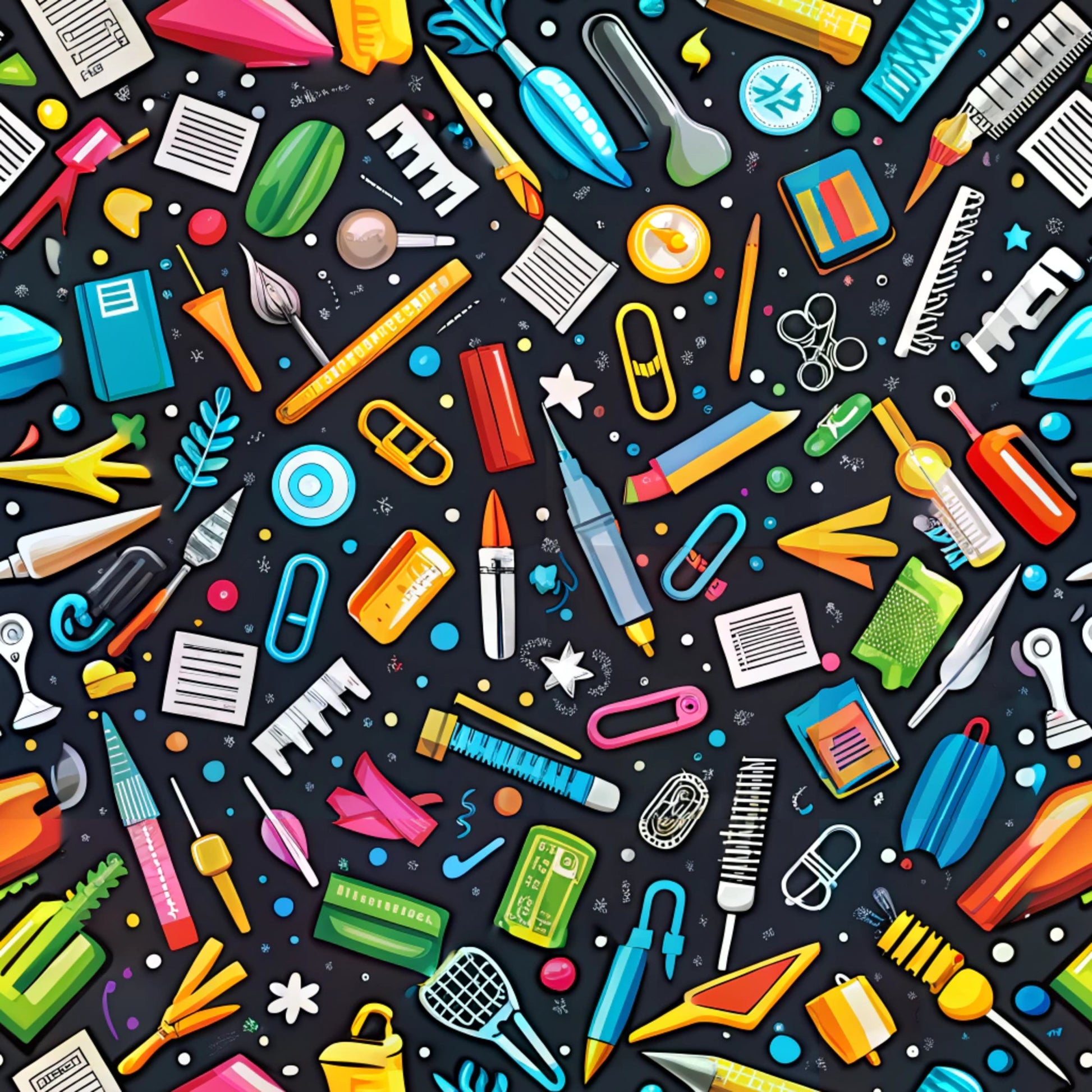 back to school, school supplies, scattered pattern, black background, bright colors, rainbow colors, pens, pencils, rulers, scissors, paper clips, notebooks, erasers, paintbrushes, geometric shapes, educational theme, cotton fabric, quilting panel, craft supplies, stationery items, colorful illustration, seamless repeat