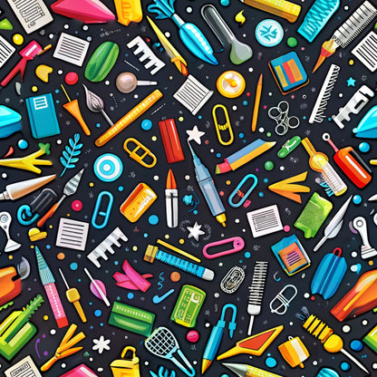 back to school, school supplies, scattered pattern, black background, bright colors, rainbow colors, pens, pencils, rulers, scissors, paper clips, notebooks, erasers, paintbrushes, geometric shapes, educational theme, cotton fabric, quilting panel, craft supplies, stationery items, colorful illustration, seamless repeat